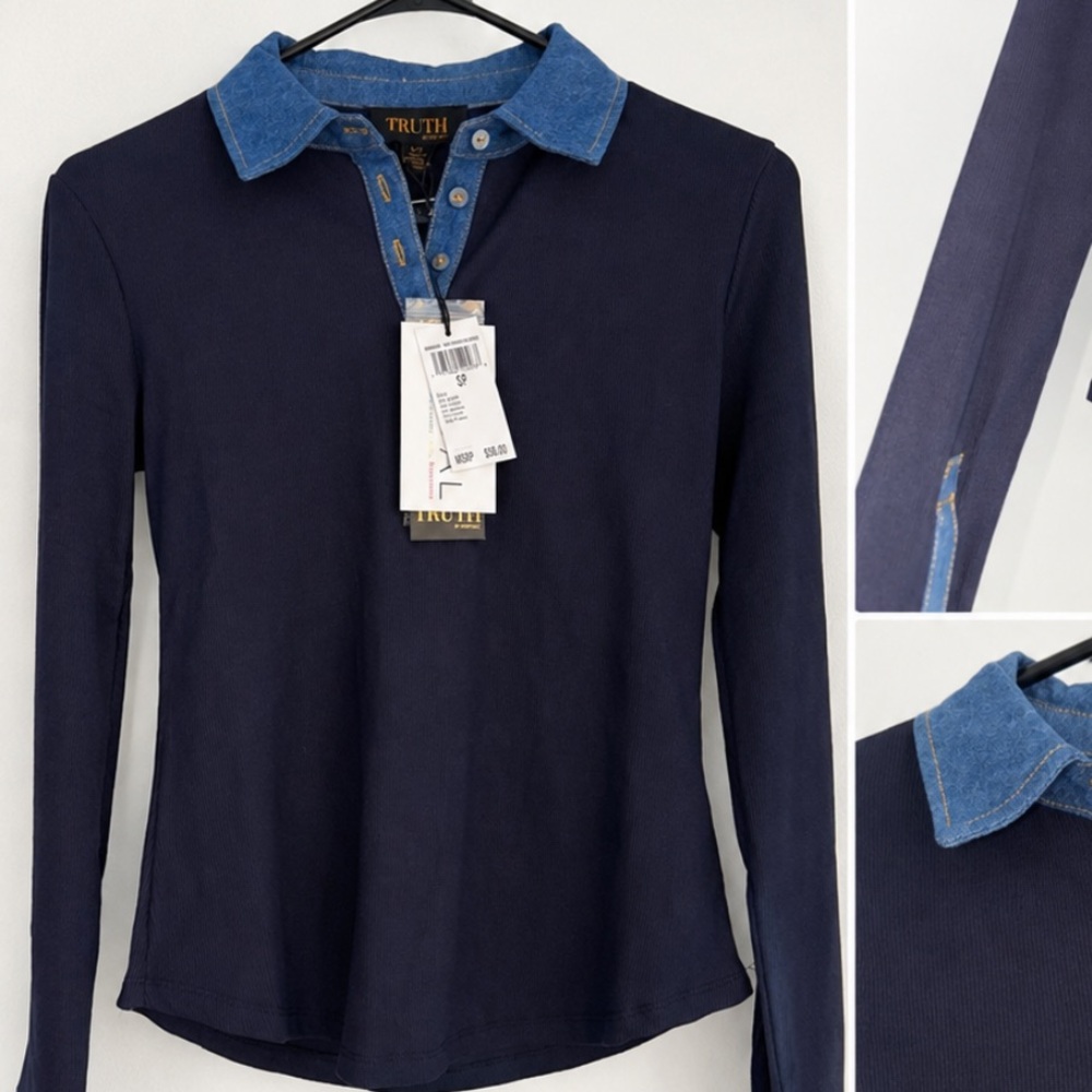 TRUTH Navy Long-Sleeve Top with Denim Collar & Cuff